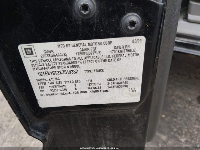 1999 Gmc New Sierra 1500 Sle მანქანა იყიდება აუქციონზე, vin: 1GTEK19T2XZ519382, აუქციონის ნომერი: 45867974