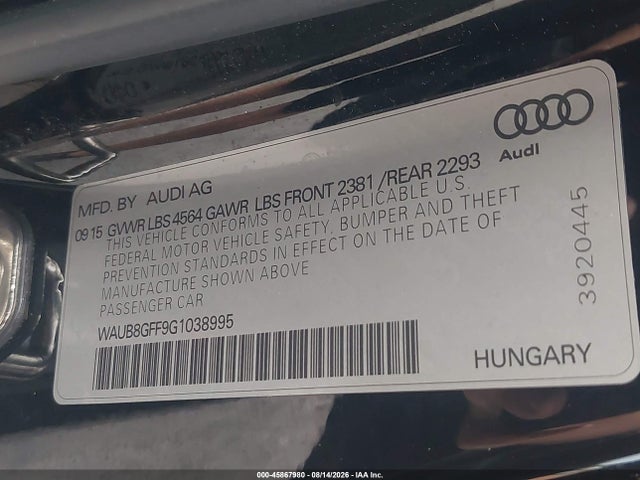 Продаж на аукціоні авто 2016 Audi A3 2.0t Premium, vin: WAUB8GFF9G1038995, номер лоту: 45867980