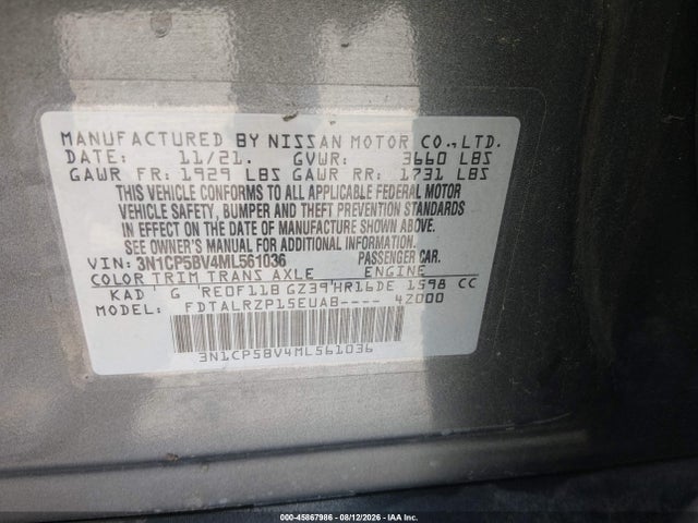 Aukcja sprzedaży 2021 Nissan Kicks S Xtronic Cvt, vin: 3N1CP5BV4ML561036, numer aukcji: 45867986
