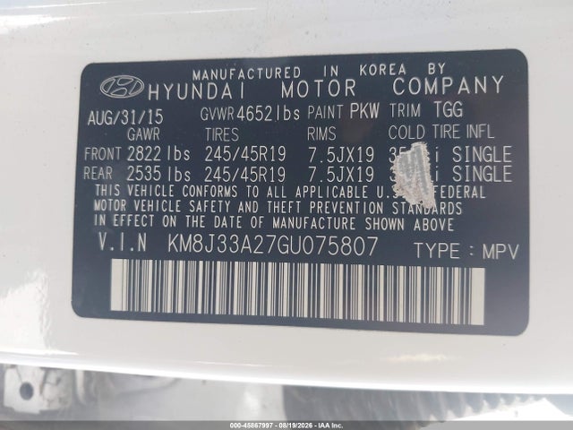 45867997 :رقم المزاد ، KM8J33A27GU075807 vin ، 2016 Hyundai Tucson Sport مزاد بيع