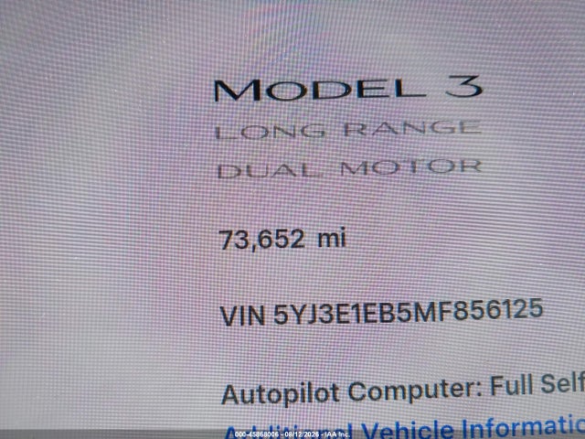 45868006 :رقم المزاد ، 5YJ3E1EB5MF856125 vin ، 2021 Tesla Model 3 Long Range Dual Motor All-wheel Drive مزاد بيع