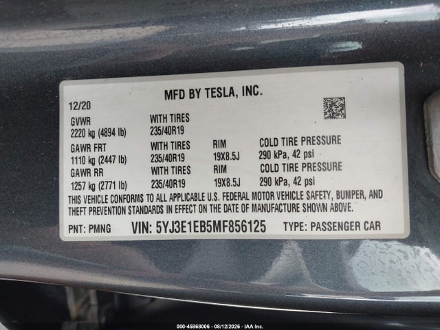 45868006 :رقم المزاد ، 5YJ3E1EB5MF856125 vin ، 2021 Tesla Model 3 Long Range Dual Motor All-wheel Drive مزاد بيع