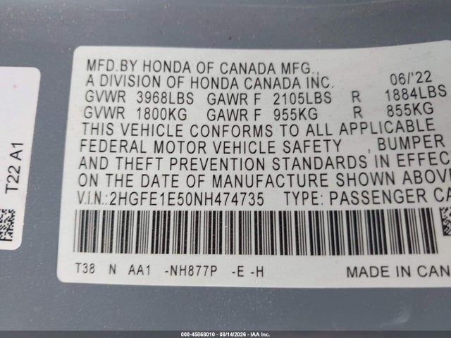 Honda CIVIC SI SEDAN 2022 2HGFE1E50NH474735 Image 9
