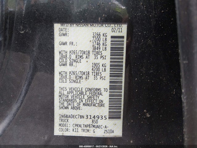 Aukcja sprzedaży 2011 Nissan Titan Sv, vin: 1N6BA0EC7BN314935, numer aukcji: 45868017