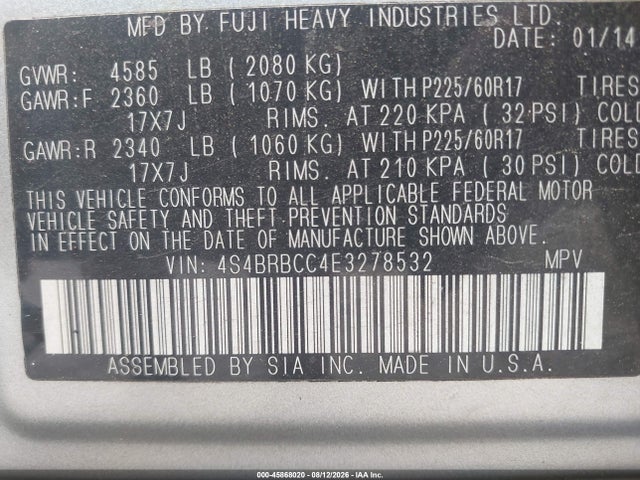 2014 Subaru Outback 2.5i Premium მანქანა იყიდება აუქციონზე, vin: 4S4BRBCC4E3278532, აუქციონის ნომერი: 45868020