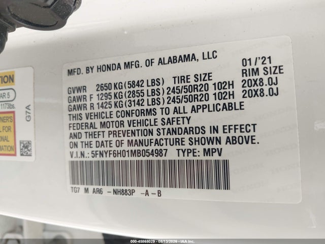 45868029 :رقم المزاد ، 5FNYF6H01MB054987 vin ، 2021 Honda Pilot Awd Elite مزاد بيع