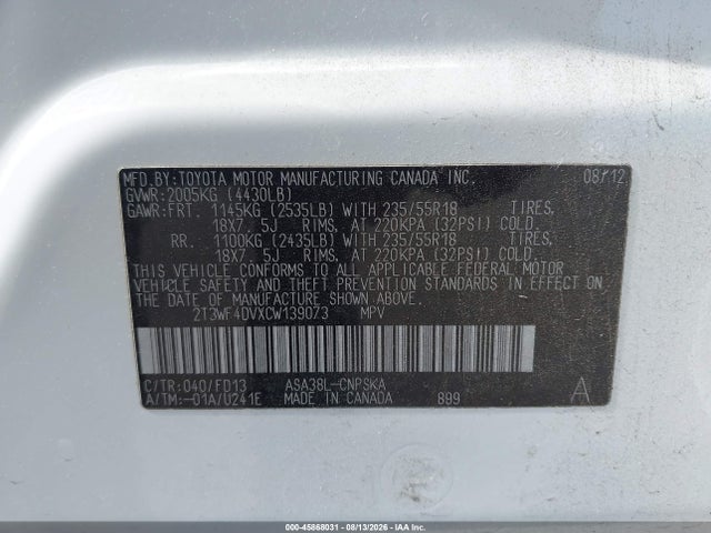 Продаж на аукціоні авто 2012 Toyota Rav4 Sport, vin: 2T3WF4DVXCW139073, номер лоту: 45868031