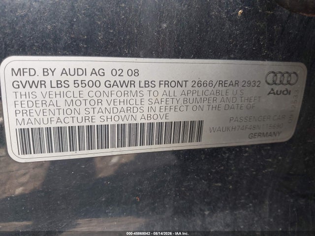 45868042 :رقم المزاد ، WAUKH74F48N115690 vin ، 2008 Audi A6 3.2 Avant مزاد بيع