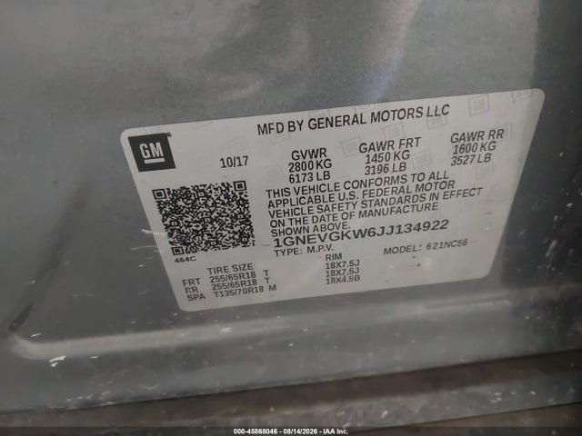 45868046 :رقم المزاد ، 1GNEVGKW6JJ134922 vin ، 2018 Chevrolet Traverse Lt Cloth مزاد بيع