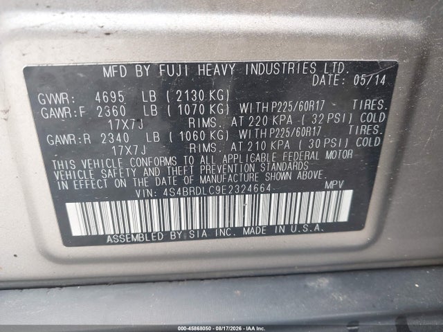 2014 Subaru Outback 3.6r Limited მანქანა იყიდება აუქციონზე, vin: 4S4BRDLC9E2324664, აუქციონის ნომერი: 45868050