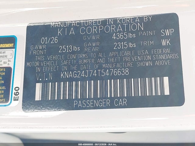 Aukcja sprzedaży 2026 Kia K5 Lxs Fwd, vin: KNAG24J74T5476638, numer aukcji: 45868055