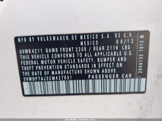2012 Volkswagen Jetta 2.5l Se მანქანა იყიდება აუქციონზე, vin: 3VWDP7AJ2CM427031, აუქციონის ნომერი: 45868063