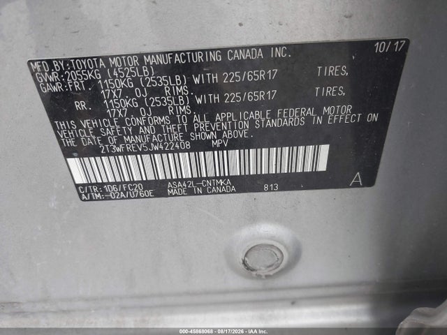 2018 Toyota Rav4 Xle მანქანა იყიდება აუქციონზე, vin: 2T3WFREV5JW422408, აუქციონის ნომერი: 45868068