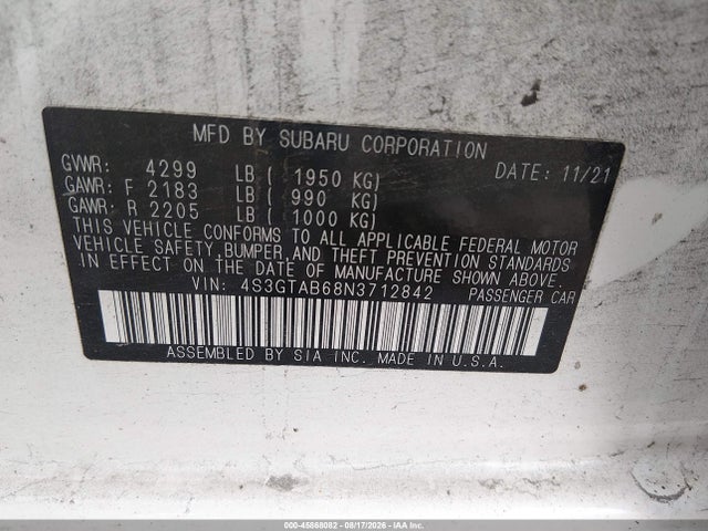 2022 Subaru Impreza Base 5-door მანქანა იყიდება აუქციონზე, vin: 4S3GTAB68N3712842, აუქციონის ნომერი: 45868082
