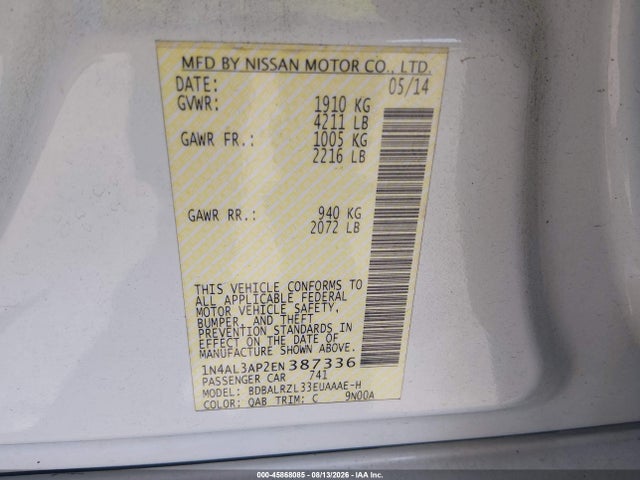 45868085 :رقم المزاد ، 1N4AL3AP2EN387336 vin ، 2014 Nissan Altima 2.5 S مزاد بيع