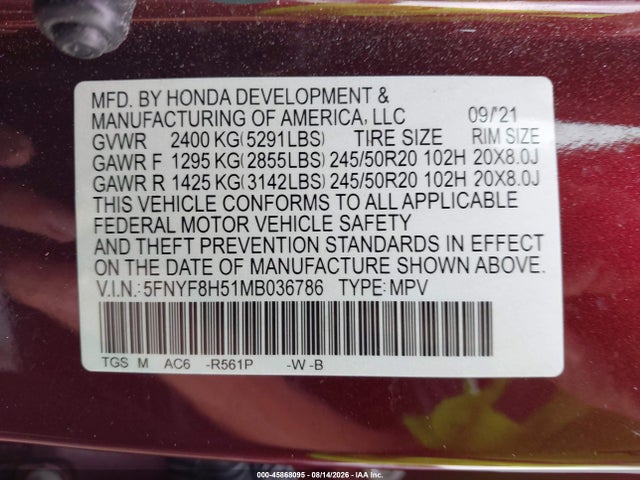 2021 Honda Passport Awd Ex-l მანქანა იყიდება აუქციონზე, vin: 5FNYF8H51MB036786, აუქციონის ნომერი: 45868095
