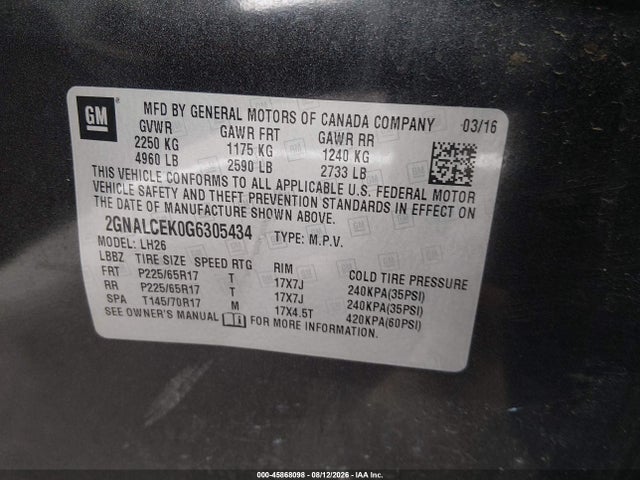 Продажа на аукционе авто 2016 Chevrolet Equinox Lt, vin: 2GNALCEK0G6305434, номер лота: 45868098