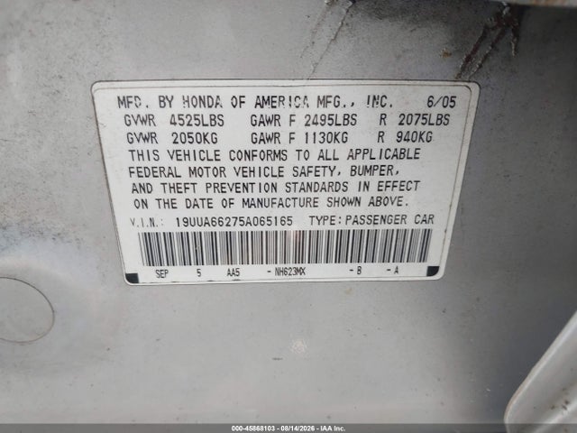 2005 Acura Tl მანქანა იყიდება აუქციონზე, vin: 19UUA66275A065165, აუქციონის ნომერი: 45868103