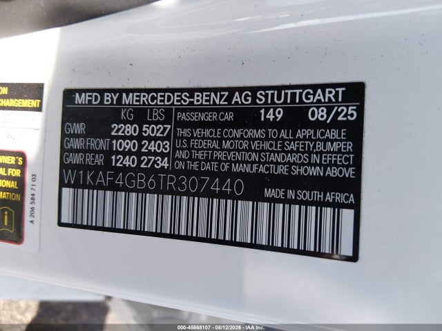 Aukcja sprzedaży 2026 Mercedes-benz C 300, vin: W1KAF4GB6TR307440, numer aukcji: 45868107