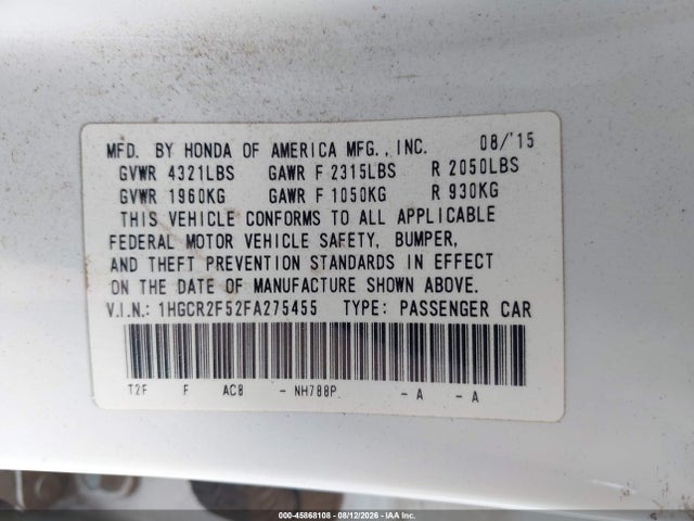 45868108 :رقم المزاد ، 1HGCR2F52FA275455 vin ، 2015 Honda Accord Sport مزاد بيع