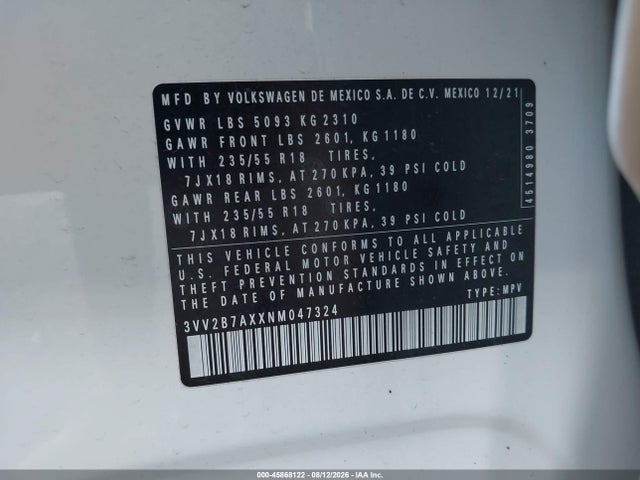 45868122 :رقم المزاد ، 3VV2B7AXXNM047324 vin ، 2022 Volkswagen Tiguan 2.0t Se مزاد بيع