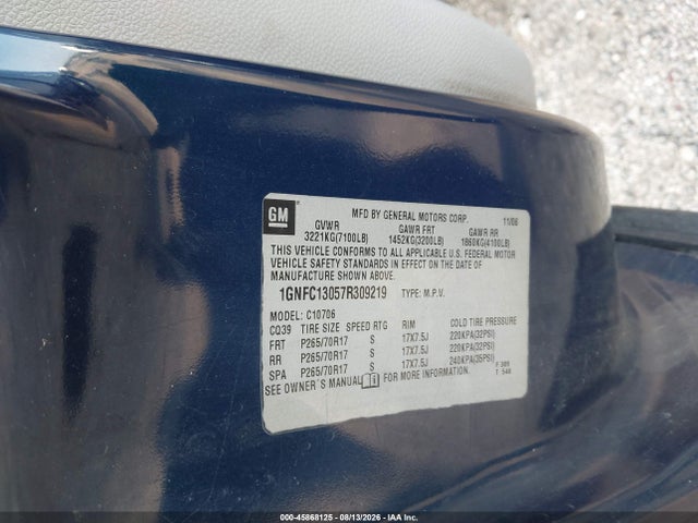 45868125 :رقم المزاد ، 1GNFC13057R309219 vin ، 2007 Chevrolet Tahoe Lt مزاد بيع