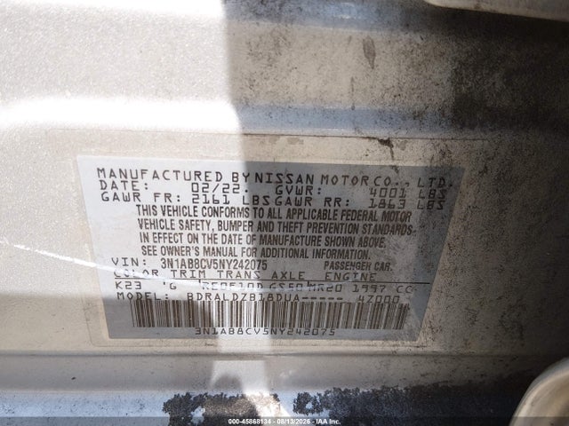 2022 Nissan Sentra Sv Xtronic Cvt მანქანა იყიდება აუქციონზე, vin: 3N1AB8CV5NY242075, აუქციონის ნომერი: 45868134