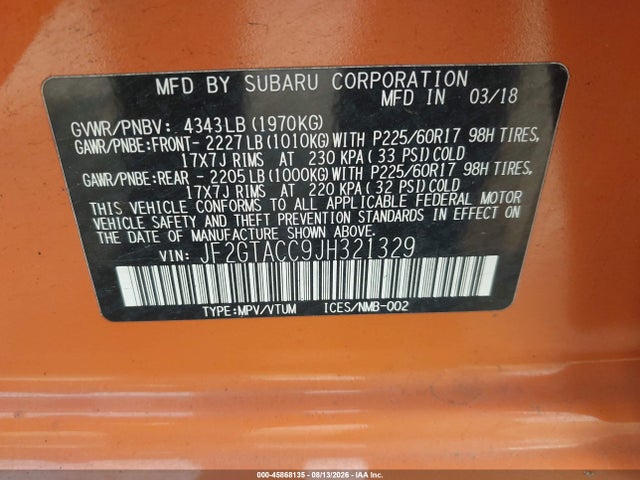JF2GTACC9JH321329 Subaru Crosstrek 2.0i Premium