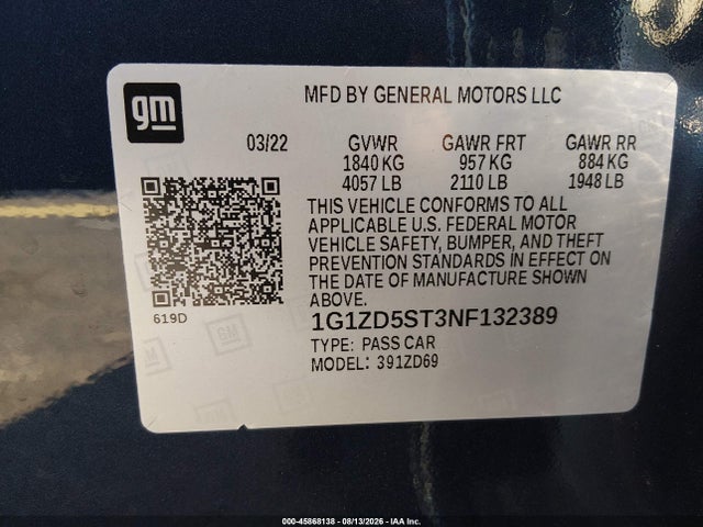 2022 Chevrolet Malibu Fwd Lt მანქანა იყიდება აუქციონზე, vin: 1G1ZD5ST3NF132389, აუქციონის ნომერი: 45868138