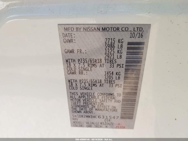 45868140 :رقم المزاد ، 5N1DR2MN1HC631547 vin ، 2017 Nissan Pathfinder Sl مزاد بيع