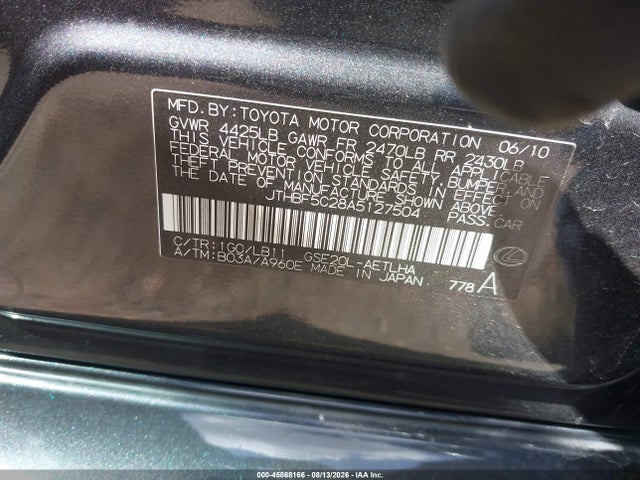 45868166 :رقم المزاد ، JTHBF5C28A5127504 vin ، 2010 Lexus Is 250 مزاد بيع