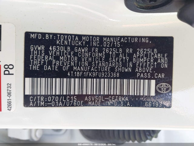 45868170 :رقم المزاد ، 4T1BF1FK9FU923368 vin ، 2015 Toyota Camry Xse مزاد بيع