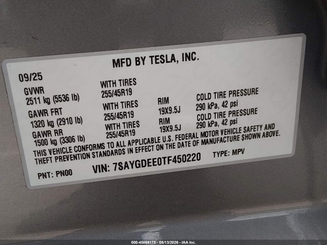 2026 Tesla Model Y All-wheel Drive/long Range Launch Series/premium All-wheel Drive მანქანა იყიდება აუქციონზე, vin: 7SAYGDEE0TF450220, აუქციონის ნომერი: 45868175