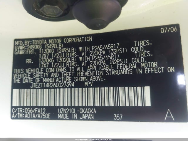45868177 :رقم المزاد ، JTEZT14R260027394 vin ، 2006 Toyota 4runner Sr5 V8 مزاد بيع
