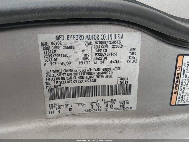 45868181 :رقم المزاد ، 1FMZU62K92ZC62638 vin ، 2002 Ford Explorer Xls مزاد بيع
