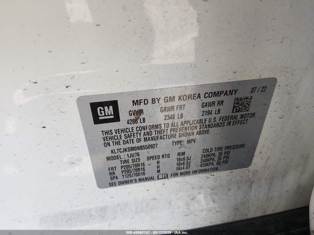 Продажа на аукционе авто 2022 Chevrolet Trax Fwd Ls, vin: KL7CJKSM0NB550927, номер лота: 45868182