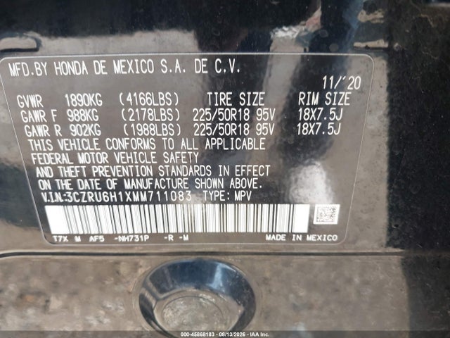 Aukcja sprzedaży 2021 Honda Hr-v Awd Sport, vin: 3CZRU6H1XMM711083, numer aukcji: 45868183