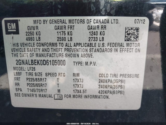 45868185 :رقم المزاد ، 2GNALBEK0D6105000 vin ، 2013 Chevrolet Equinox Ls مزاد بيع
