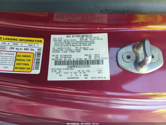 45868196 :رقم المزاد ، 1FA6P8TH1S5131245 vin ، 2025 Ford Mustang Ecoboost Fastback مزاد بيع