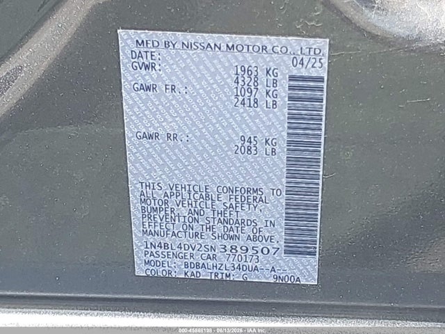 Продаж на аукціоні авто 2025 Nissan Altima Sv Fwd, vin: 1N4BL4DV2SN389507, номер лоту: 45868198