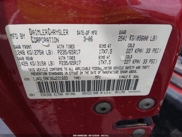 Aukcja sprzedaży 2006 Jeep Liberty Limited Edition, vin: 1J4GL58K36W231693, numer aukcji: 45868199