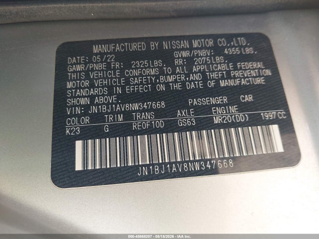 Продажа на аукционе авто 2022 Nissan Rogue Sport S Fwd Xtronic Cvt, vin: JN1BJ1AV8NW347668, номер лота: 45868207