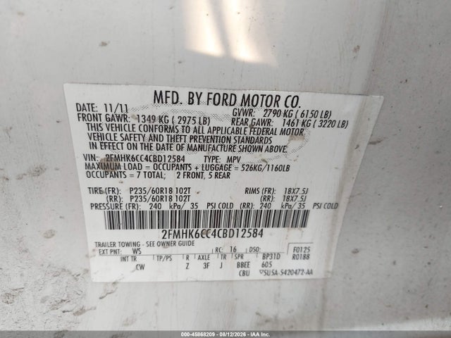 Aukcja sprzedaży 2012 Ford Flex Sel, vin: 2FMHK6CC4CBD12584, numer aukcji: 45868209