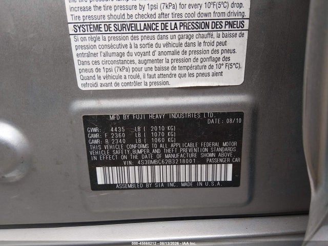 45868212 :رقم المزاد ، 4S3BMBC62B3218001 vin ، 2011 Subaru Legacy 2.5i Premium مزاد بيع