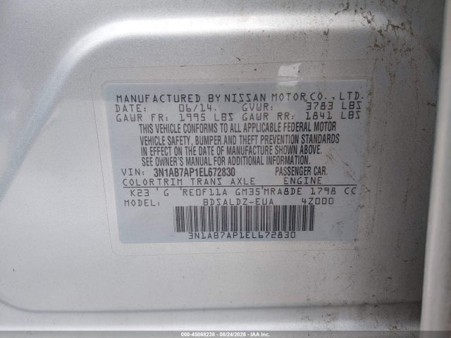 Aukcja sprzedaży 2014 Nissan Sentra Fe+ S/fe+ Sv/s/sl/sr/sv, vin: 3N1AB7AP1EL672830, numer aukcji: 45868238