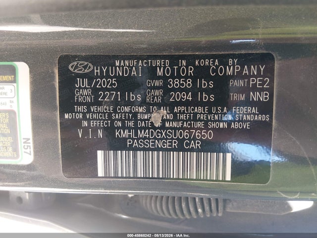 45868242 :رقم المزاد ، KMHLM4DGXSU067650 vin ، 2025 Hyundai Elantra Sel Sport مزاد بيع