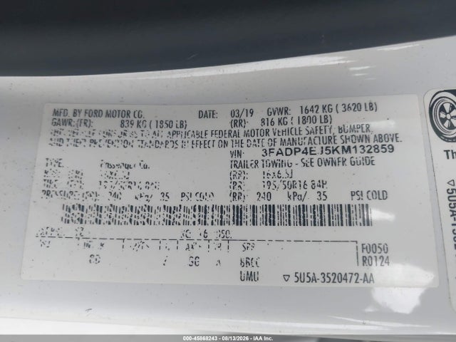 45868243 :رقم المزاد ، 3FADP4EJ5KM132859 vin ، 2019 Ford Fiesta Se مزاد بيع