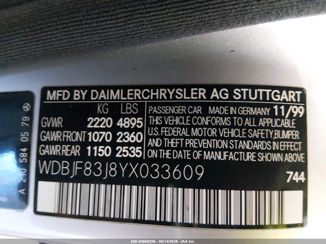 2000 Mercedes-benz E 430 4m მანქანა იყიდება აუქციონზე, vin: WDBJF83J8YX033609, აუქციონის ნომერი: 45868256
