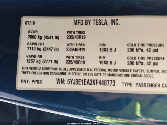 Продаж на аукціоні авто 2019 Tesla Model 3 Long Range/mid Range/standard Range/standard Range Plus, vin: 5YJ3E1EA3KF440773, номер лоту: 45868260
