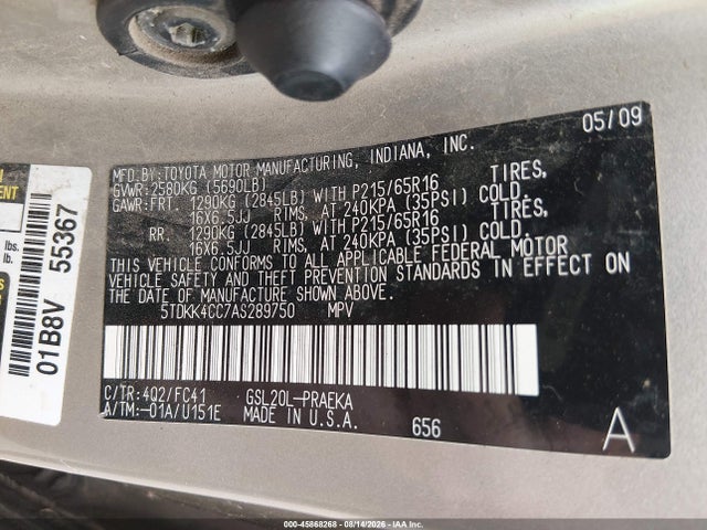 Продаж на аукціоні авто 2010 Toyota Sienna Le, vin: 5TDKK4CC7AS289750, номер лоту: 45868268